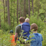 Dad hiking in woods with three boys